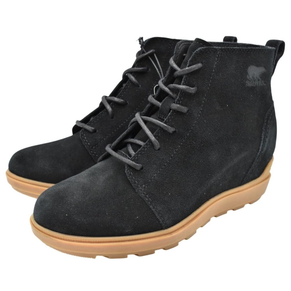 Sorel Womens Size 7.5 Evie II Black Gum Suede Waterproof Lace Up Booties Boots
